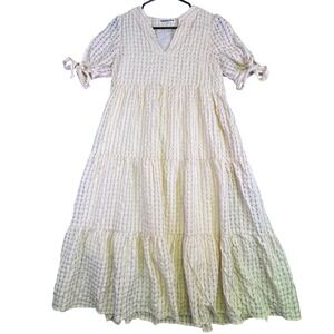 Ecowish Dress Women's Medium Cream Grid Tiered Midi Short Sleeve Boho Cottage